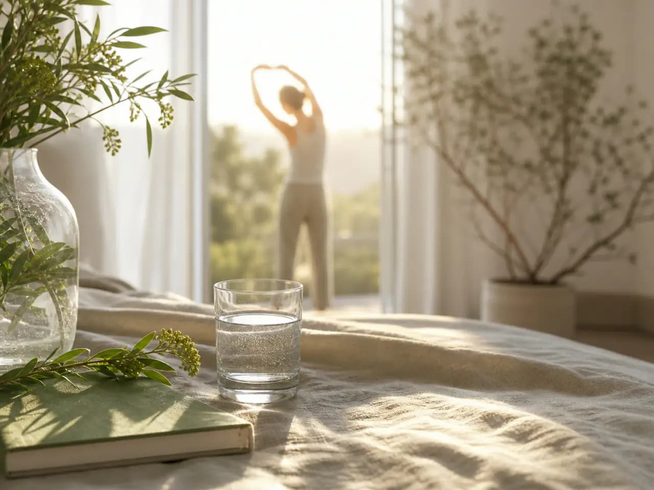 Morning light, a glass of water and a person stretching in the distance.